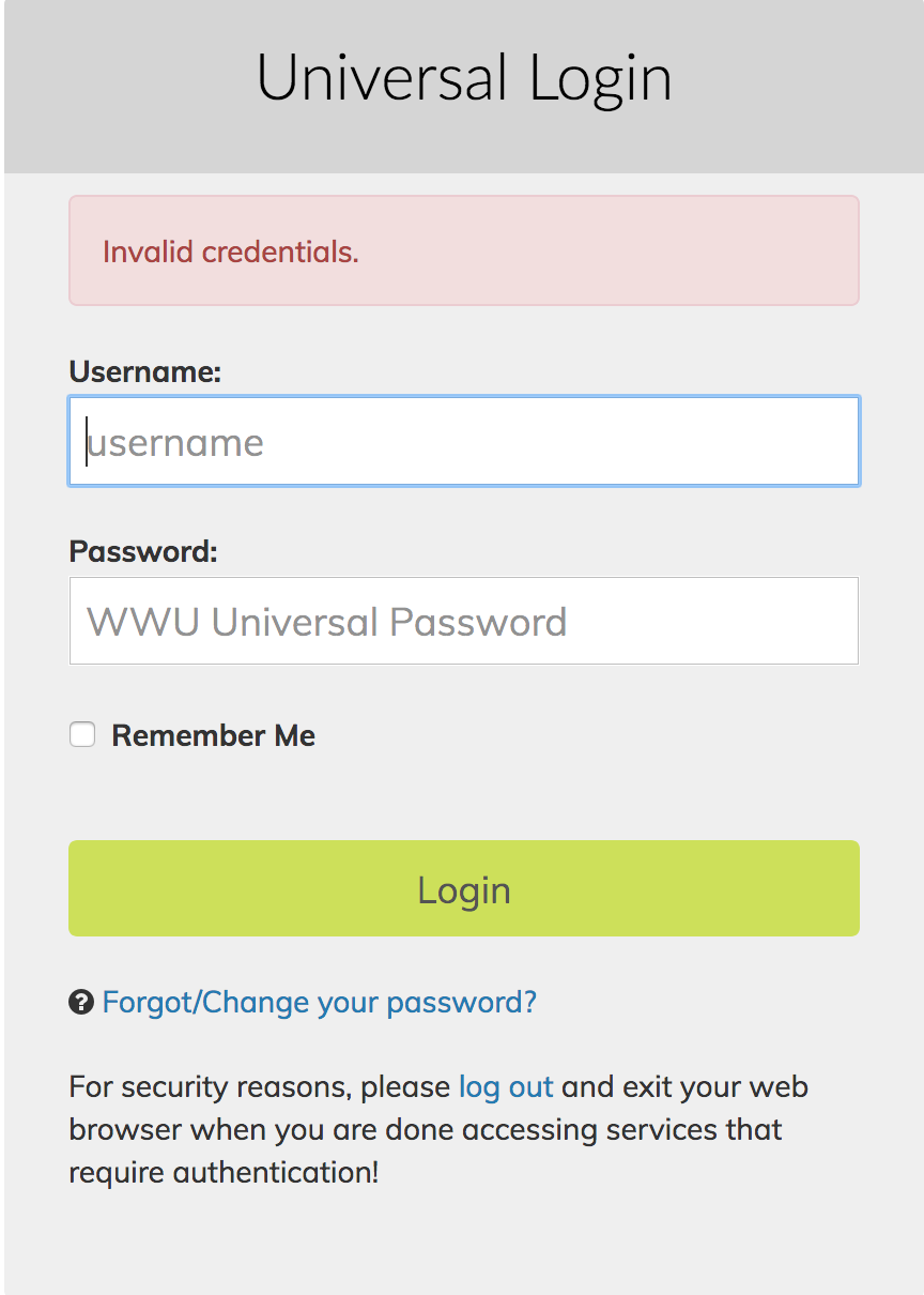 Invalid credentials alert above username and password inputs, screenshot.