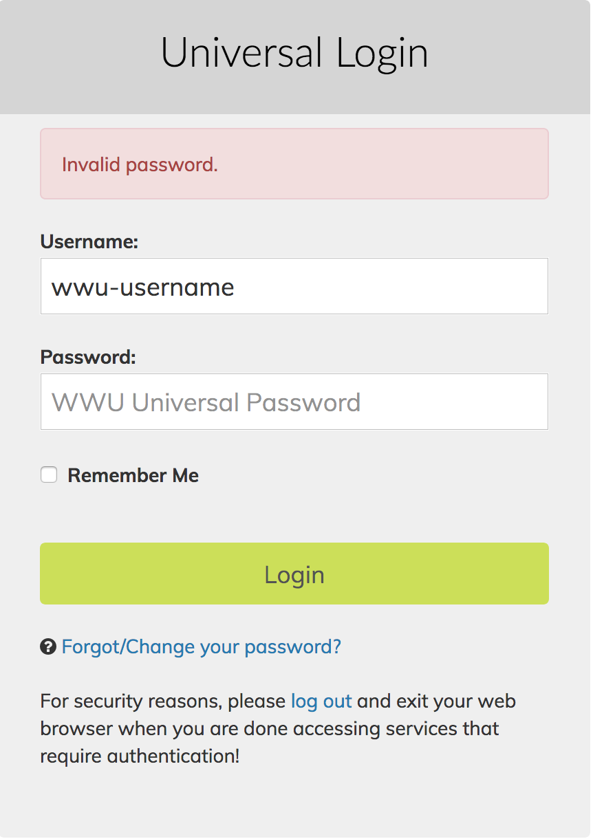 Invalid password alert above username and password inputs, screenshot.