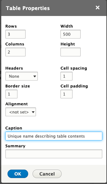 Table properties dialog with caption field filled in