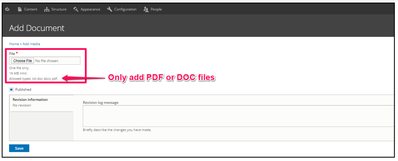 Once on the "Add Document" page, select a file to upload and then save the document