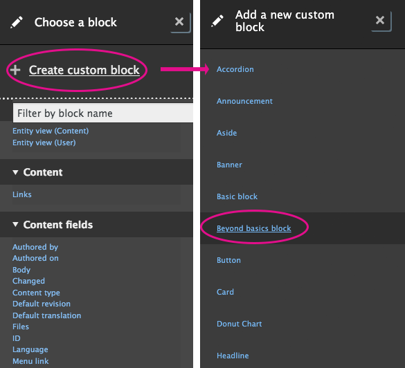 Screenshot highlighting the "Create custom block" and "Beyond basics blocks" in the block creation process