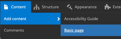 In Drupal Admin menu, "Basic Page" is selected under the menu tree Content > Add Content