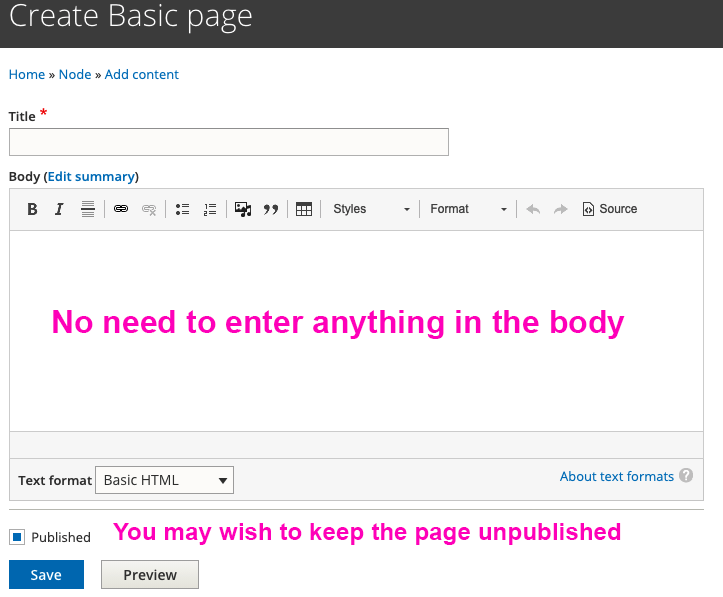 screenshot showing "Create a Basic Page" view, highlighting the body and published fields