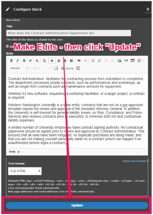 Screenshot showing a block's content being edited, with the save button highlighted