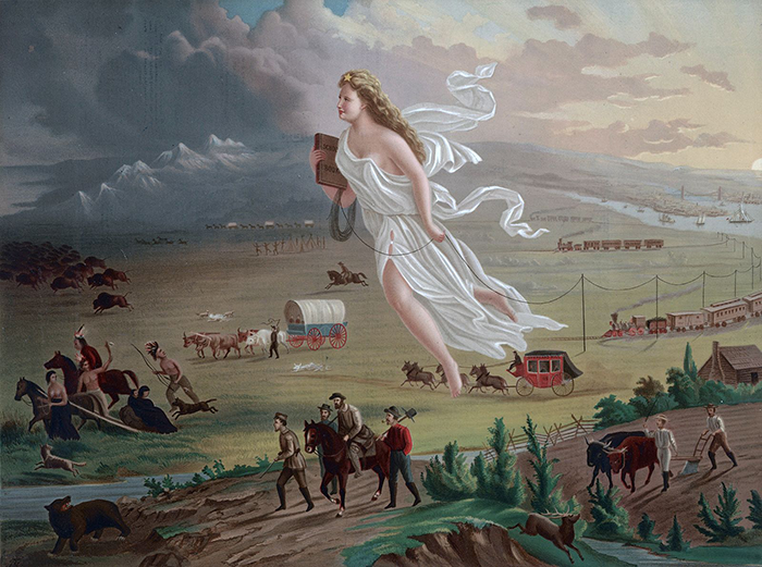 A painting by John Gast in 1872 titled American Progress, showing the spirit of America heading westward