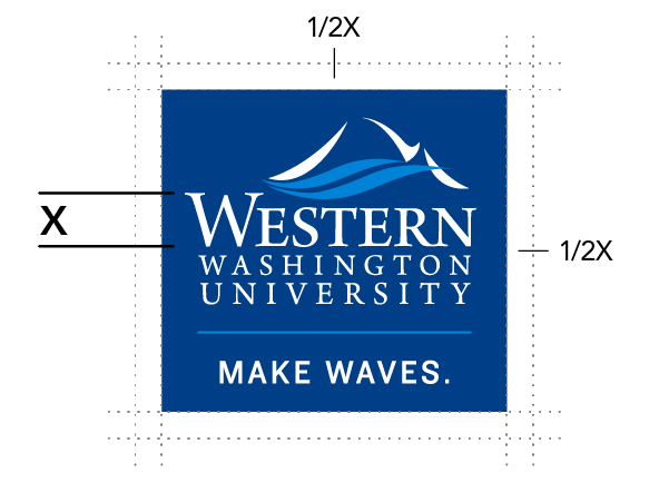 Western Washington University Logo with notation surrounding spacing requirements - 1/2 x-height of the "W" in "Western"