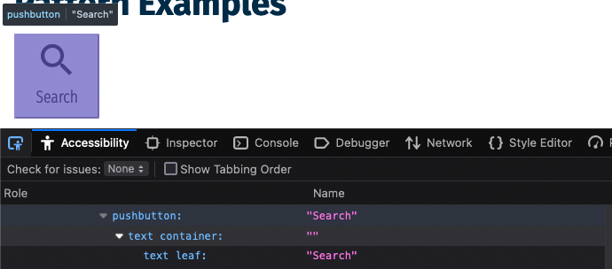 Developer tools show search text node matches button's programmatic name