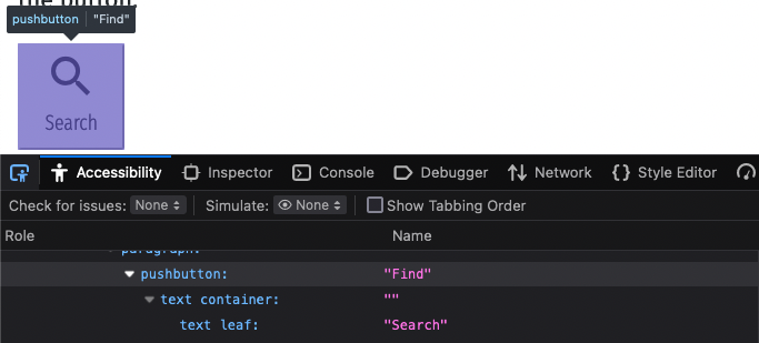 Developer accessibility tools reveal a button labeled "Find", but the button's text node contains "Search"