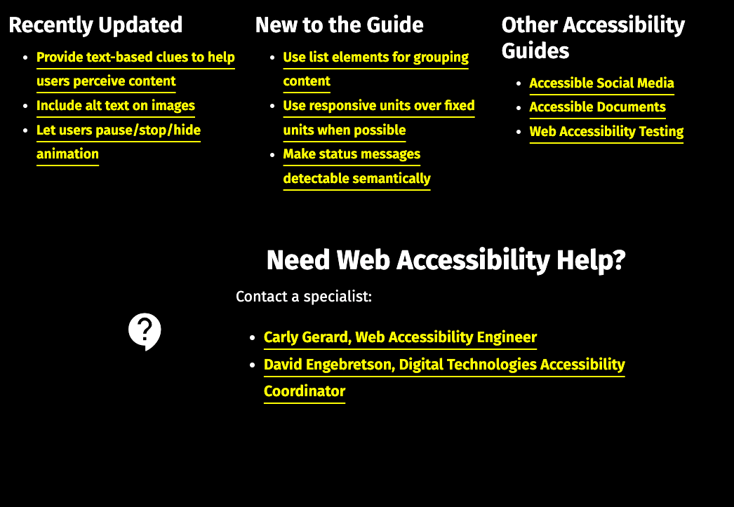 Accessibility help text is on a black background, with an icon floating next to it. The shape of the announcement has disappeared.