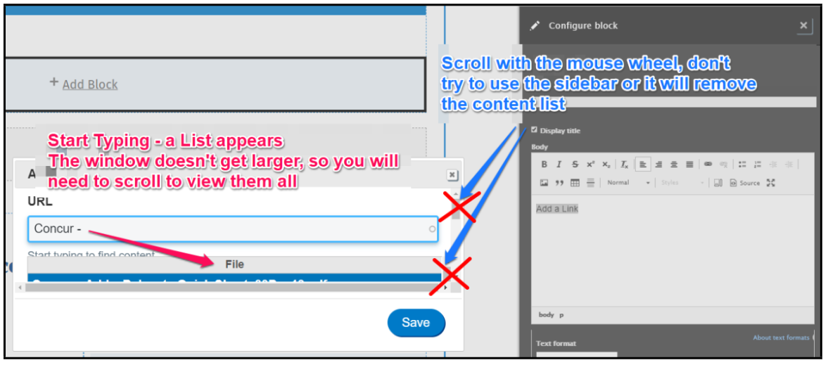 Red text reads: Start typing - a List appears. The window doesn't get larger, so you will need to scroll to view them all