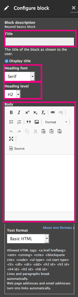 screenshot of the beyond basics configuration screen, with the different fields (title, heading font, etc.) highlighted in pink