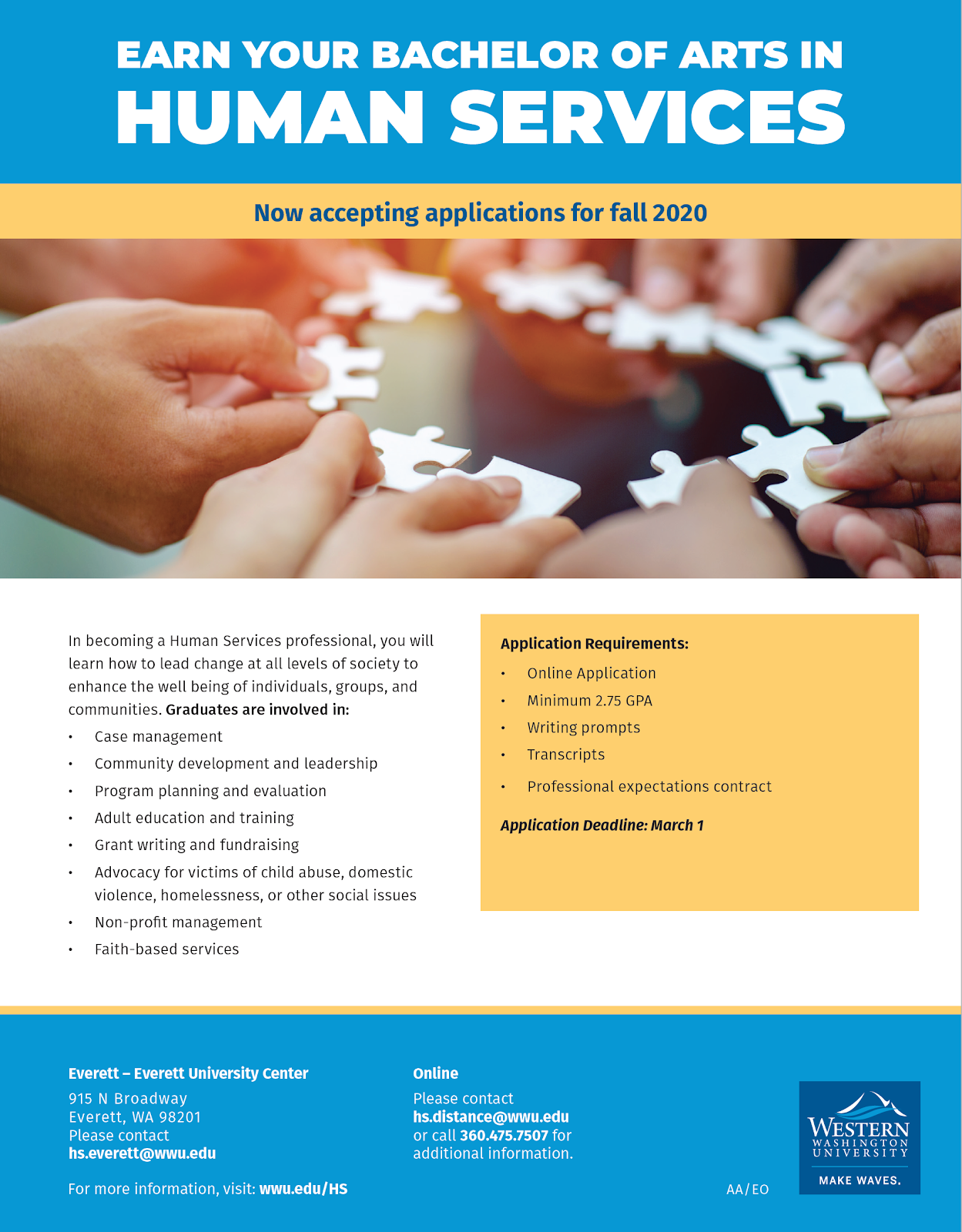 Flyer for Human Services BA Application, featuring hands holidng puzzle pieces in a circle