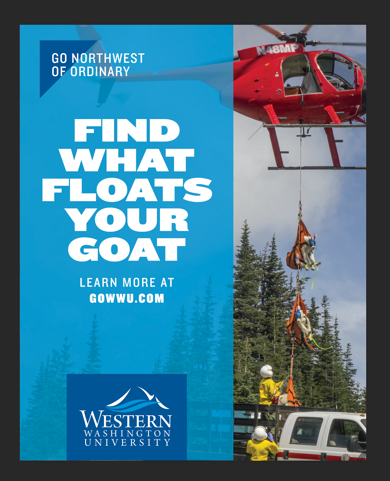 Western ad featuring goast being airlifted by helicopter with text "Find What Floats Your Goat"