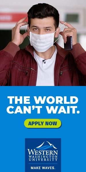 Person placing mask over face with text "The World Can't Wait. Apply Now."
