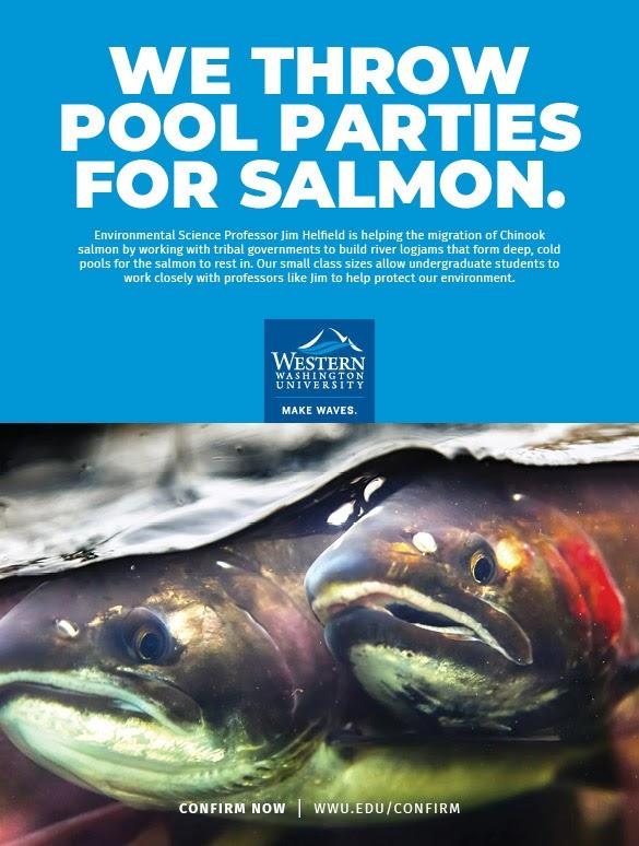 Print ad stating "We Throw Pool Parties for Salmon" with closeup of salmon faces