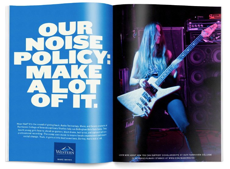 A magazine spread with headline "Our noise policy: make a lot of it"