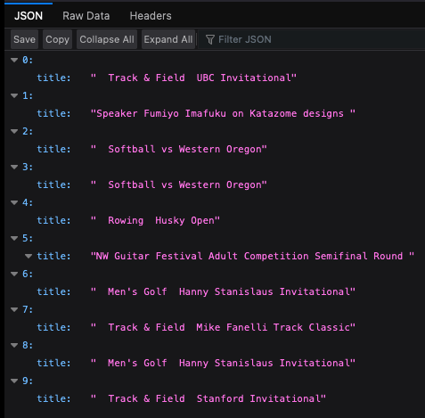 The JSON data as rendered by the browser, with each node as a separate line item
