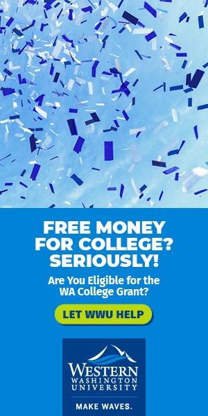 Ad with blue confetti and text "Free money for college? Seriously! Are you eligible for the WA college grant? Let Western Help."